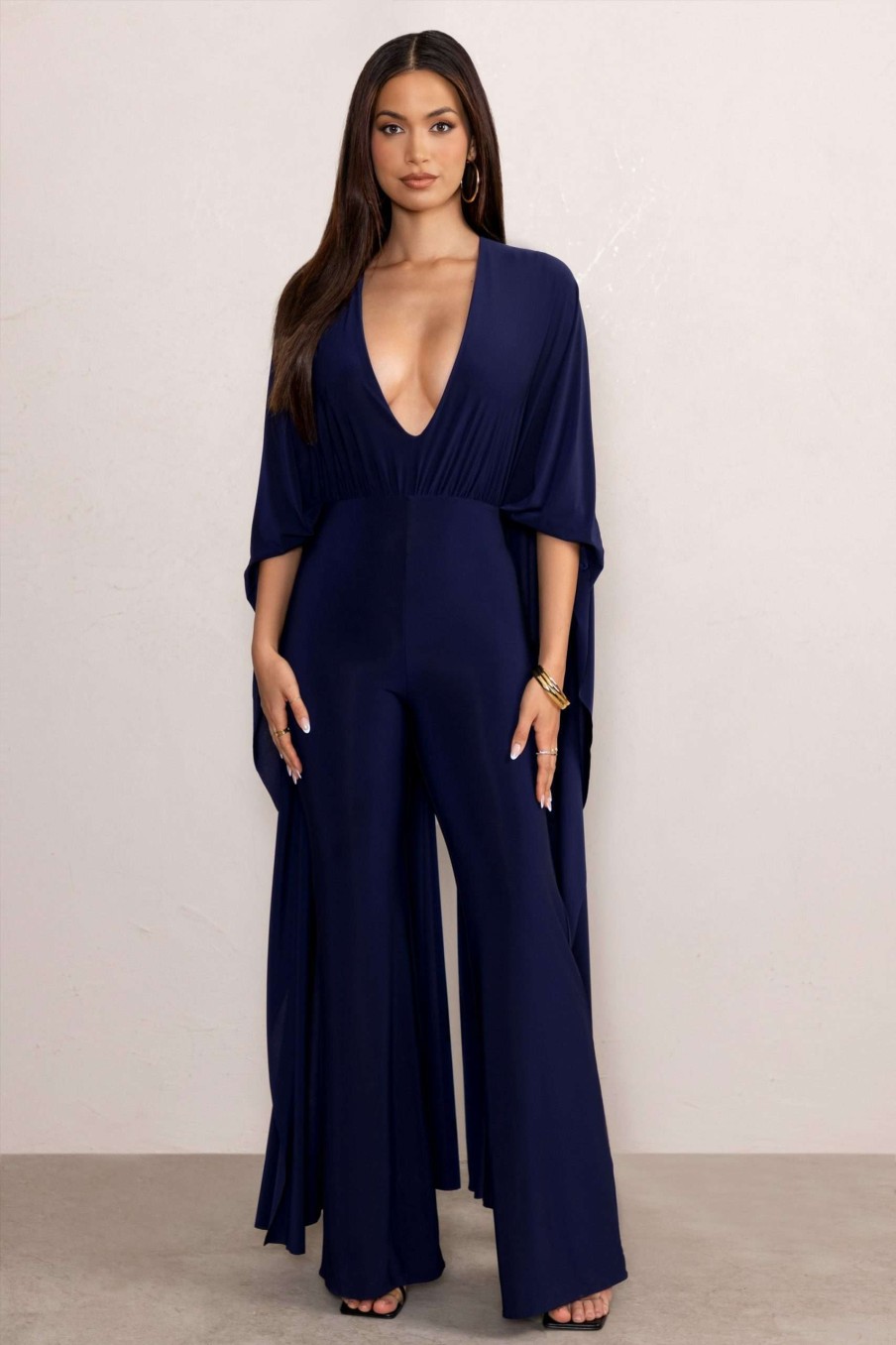 Clothing * | Anais | Navy Plunge Jumpsuit With Cape Club L London Clearance Sale