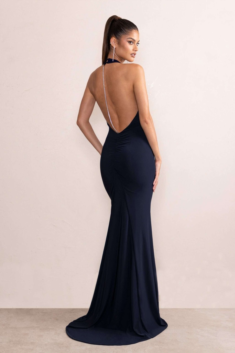 Dresses * | Dania | Dark Navy Plunge Neck Halter Low Back Maxi Dress With Diamante Trim Club L London Best Choice