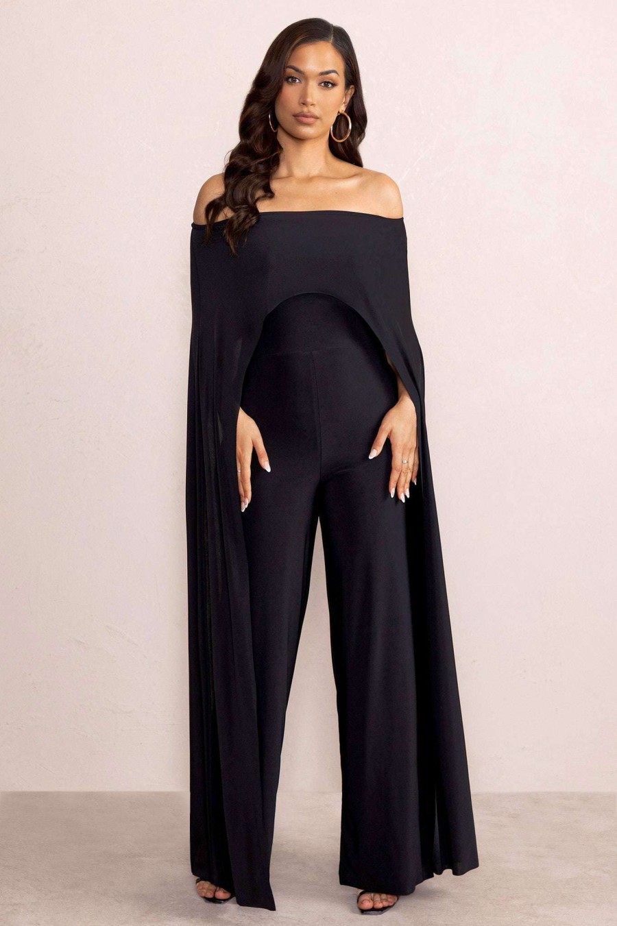 Clothing * | Mayara | Black Bardot Cape Sleeve Jumpsuit Club L London Clearance