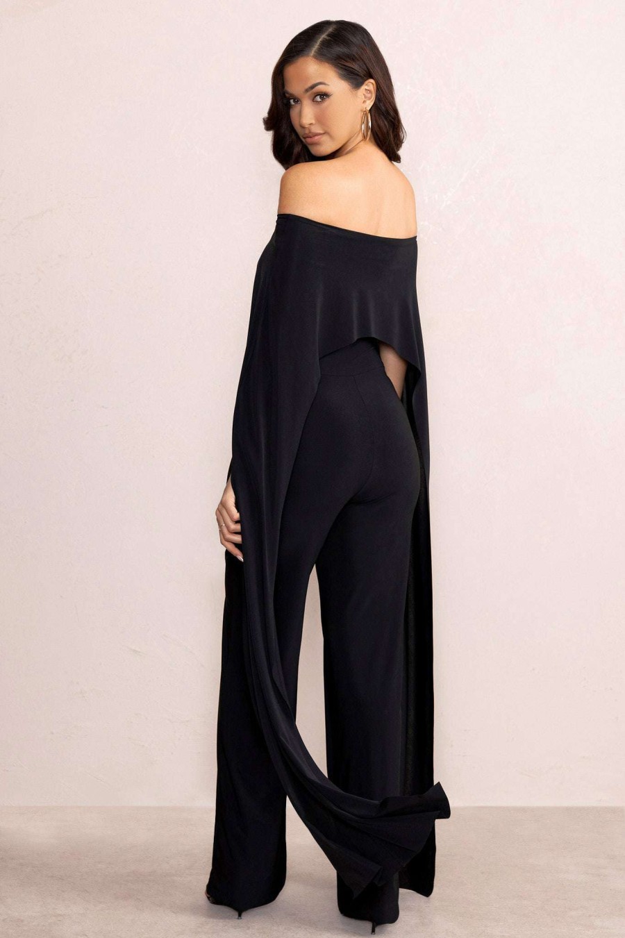 Clothing * | Mayara | Black Bardot Cape Sleeve Jumpsuit Club L London Clearance