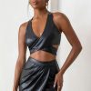 Clothing * | Envisioned | Black Faux Leather Plunge Neck Side Cut Wrap Crop Top Club L London Good Quality