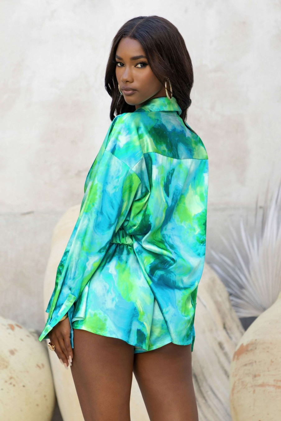 Clothing * | Limitless | Turquoise Print Oversized Long Sleeve Satin Shirt Club L London Best-Selling