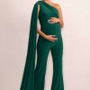 Maternity * | Sing To Sleep | Bottle Green Maternity One Shoulder Cape Jumpsuit Club L London Classical