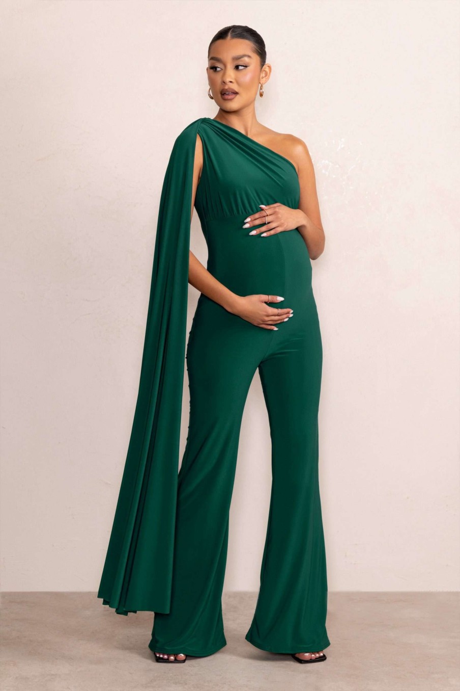 Maternity * | Sing To Sleep | Bottle Green Maternity One Shoulder Cape Jumpsuit Club L London Classical