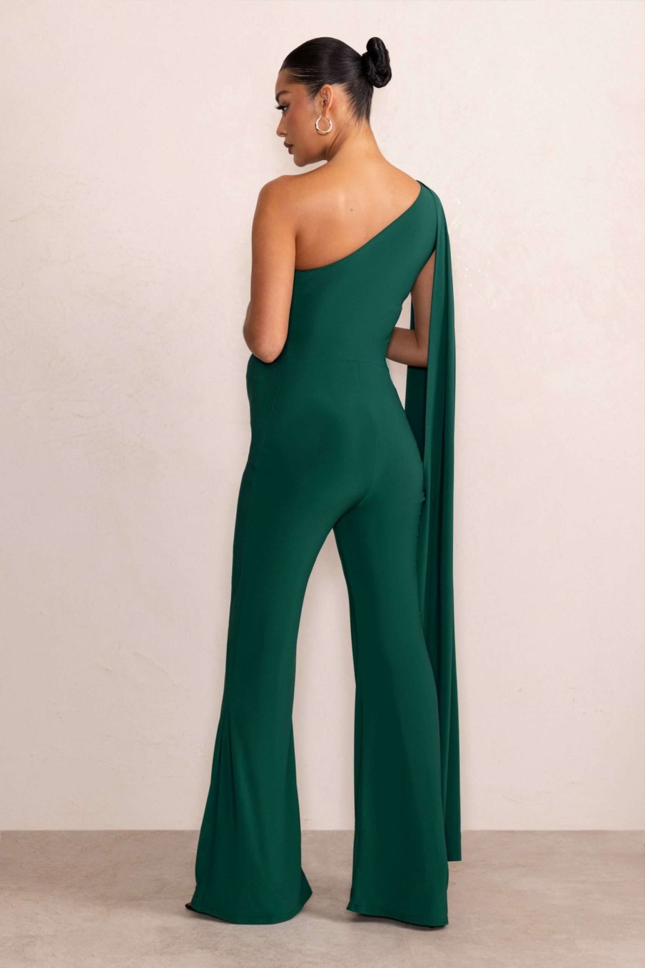 Maternity * | Sing To Sleep | Bottle Green Maternity One Shoulder Cape Jumpsuit Club L London Classical