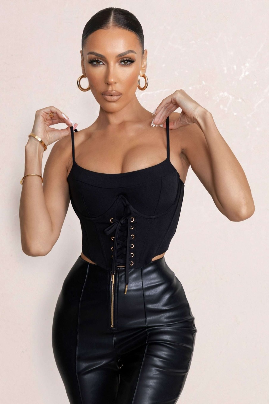 Clothing * | Twilight | Black Scoop Neck Lace Up Corset Crop Top Club L London Discount Online