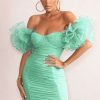 Dresses * | Irresistible | Mint Off The Shoulders Ruched Mini Dress With Organza Sleeves Club L London Low Price