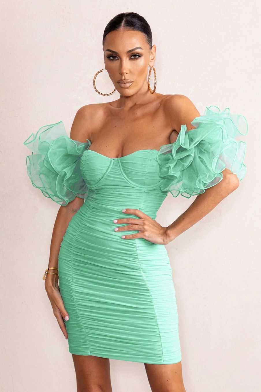 Dresses * | Irresistible | Mint Off The Shoulders Ruched Mini Dress With Organza Sleeves Club L London Low Price