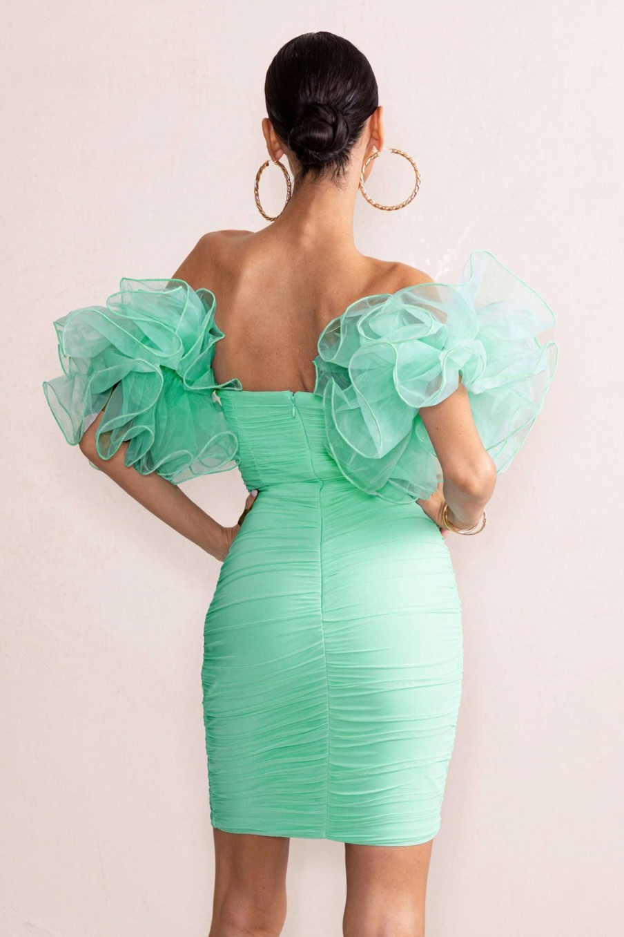 Dresses * | Irresistible | Mint Off The Shoulders Ruched Mini Dress With Organza Sleeves Club L London Low Price