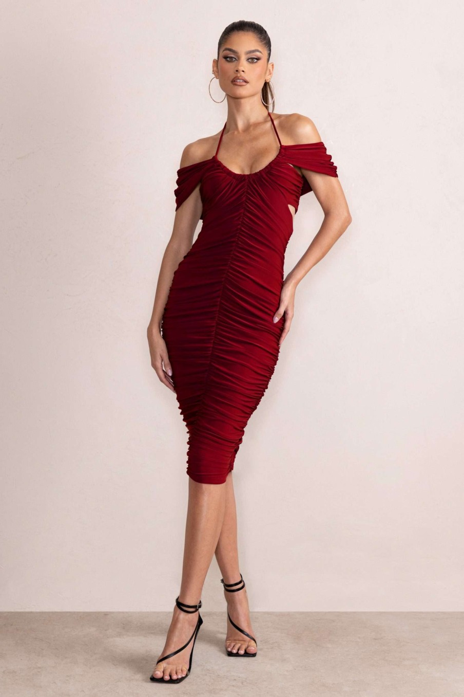 Dresses * | Dulcie | Burgundy Halter Neck Cut Out Ruched Midi Dress Club L London Bargain Sale