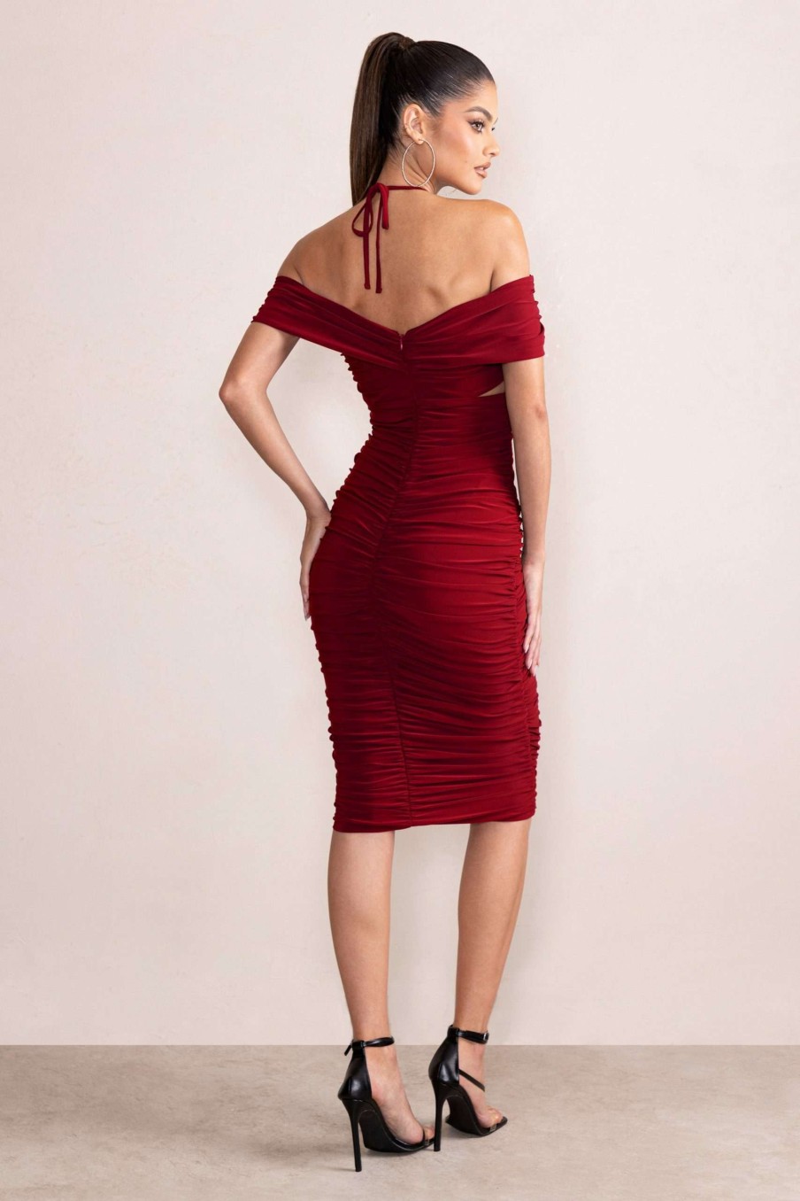 Dresses * | Dulcie | Burgundy Halter Neck Cut Out Ruched Midi Dress Club L London Bargain Sale