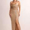 Dresses * | Tiana | Gold Sequin Bardot Maxi Dress With Split Club L London Fashion