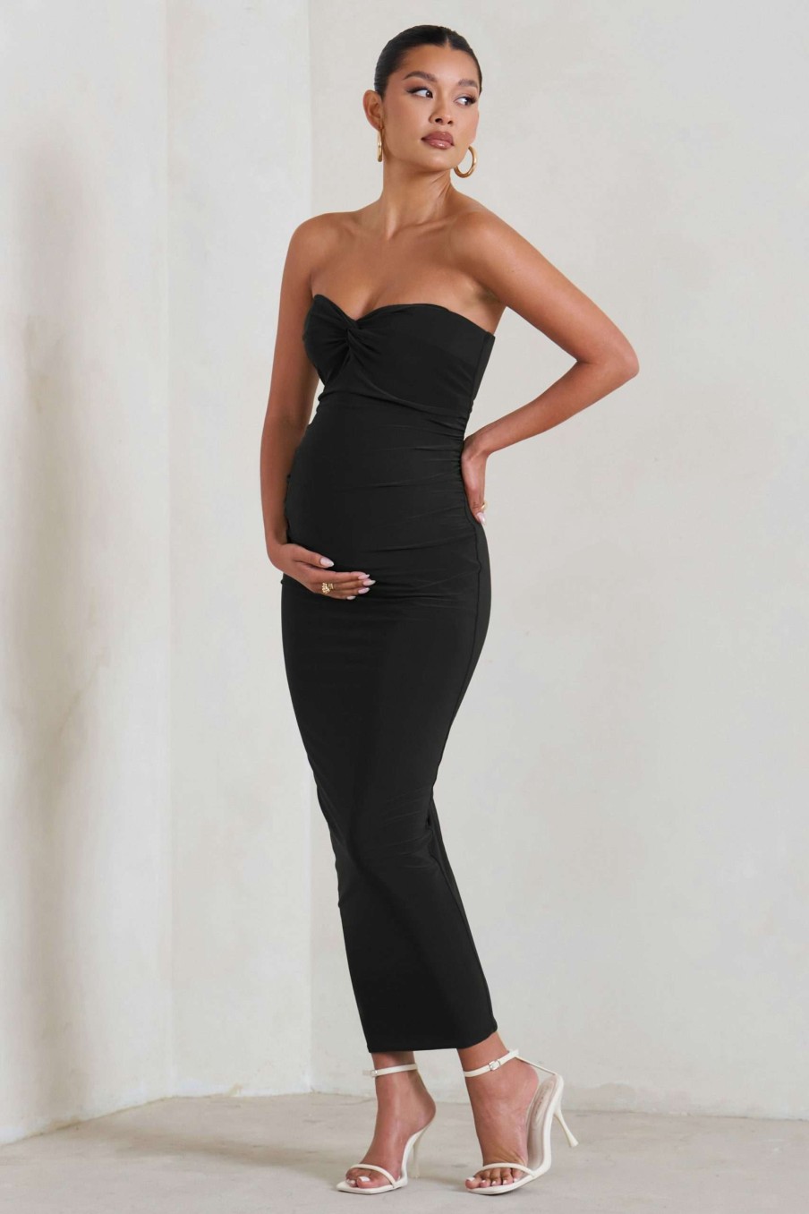 Maternity * | Evita | Black Maternity Sweetheart Twist Detail Midi Dress Club L London Sale