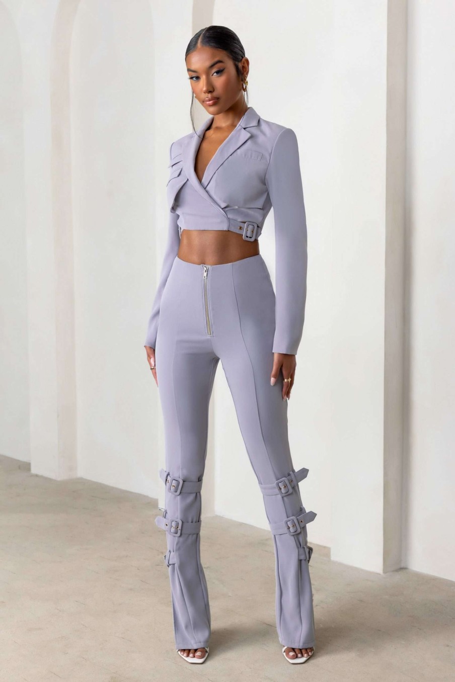 Clothing * | On Your Radar | Grey High Waist Split Hem Pants Club L London Premium