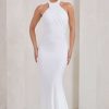 Dresses * | Marion | White High Neck Maxi Dress With Statement Train Club L London Tendy Style