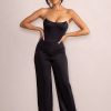 Clothing * | Sophia | Petite Black Satin Bandeau Corset Wide Leg Jumpsuit Club L London Store