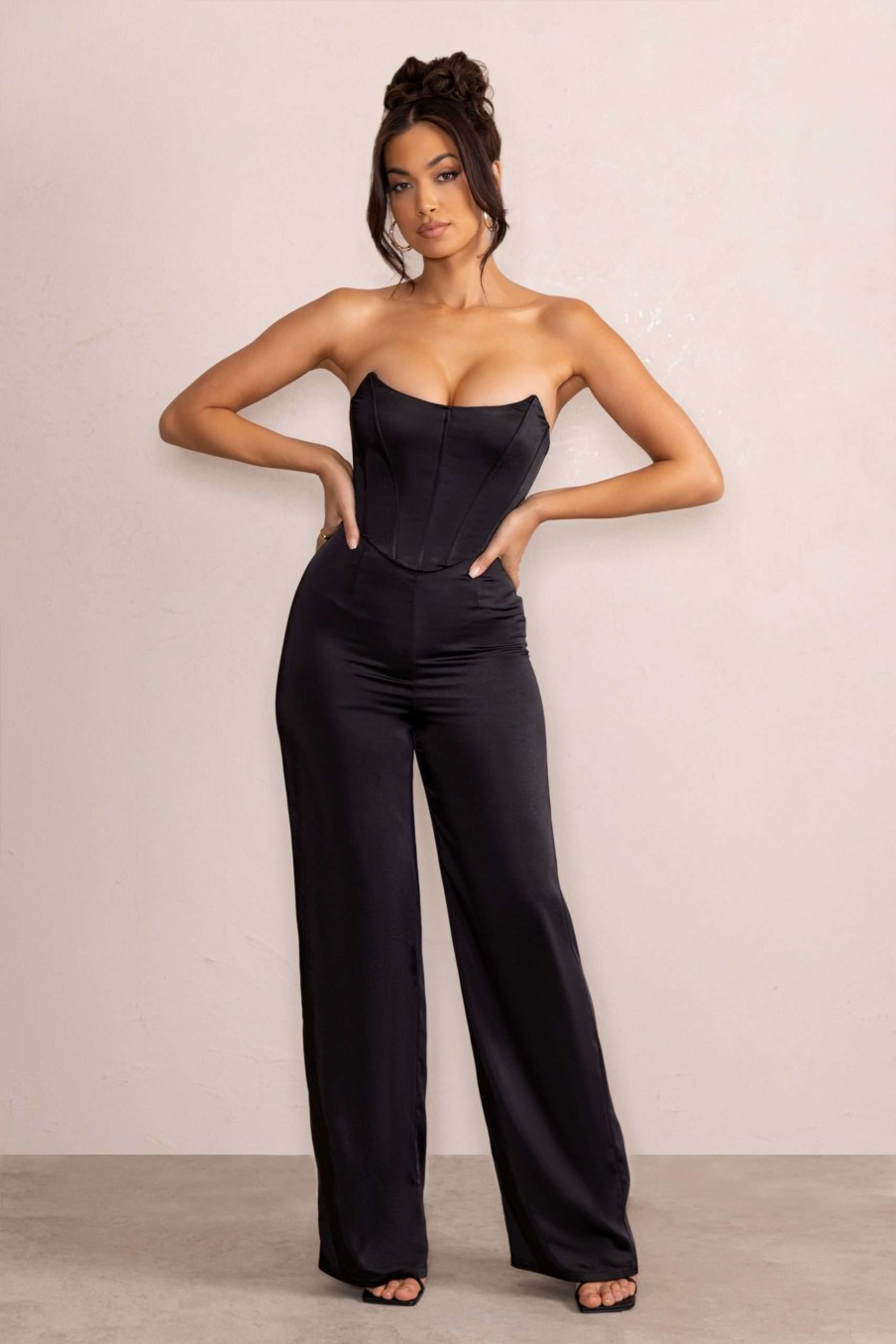 Clothing * | Sophia | Petite Black Satin Bandeau Corset Wide Leg Jumpsuit Club L London Store