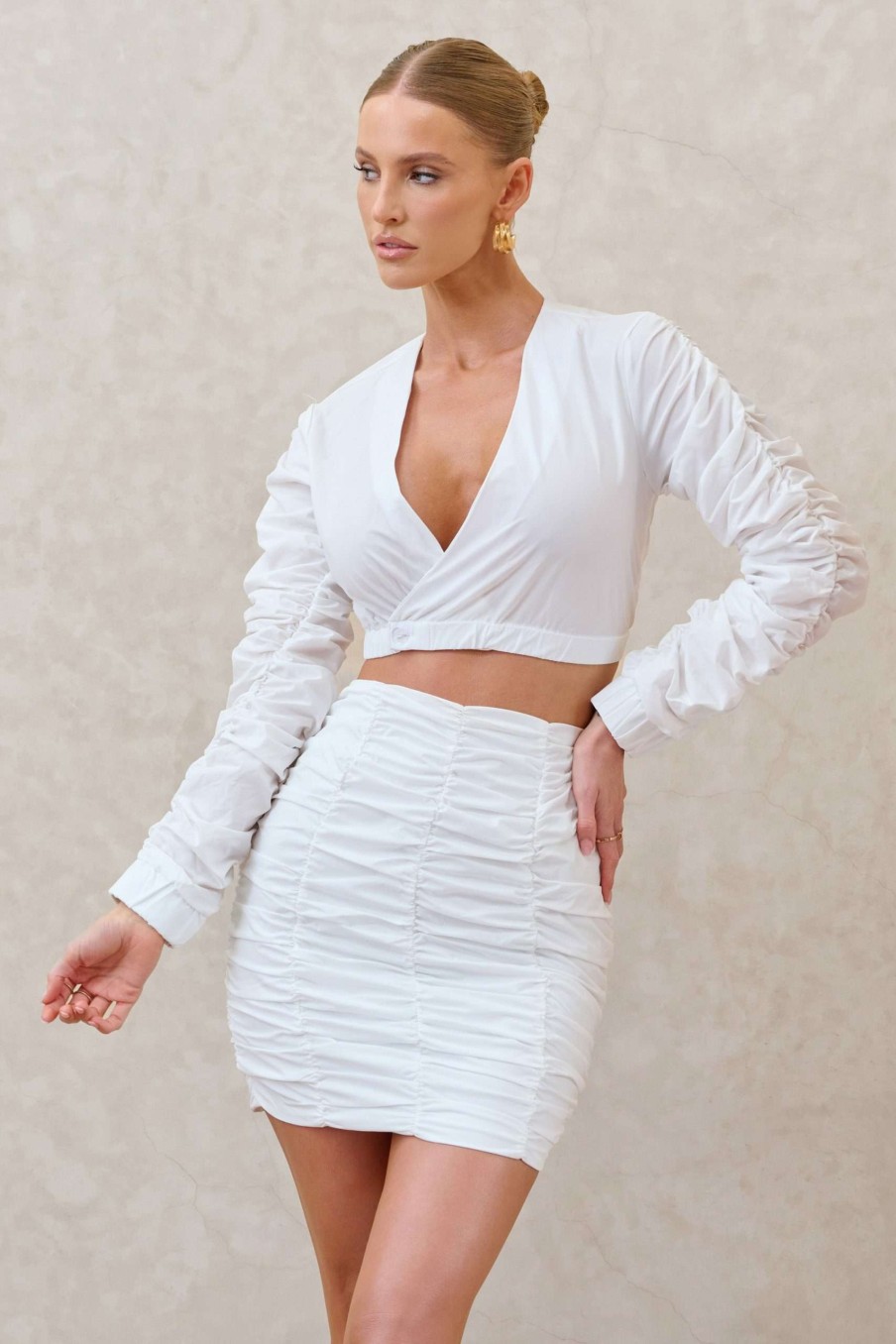 Clothing * | Break Of Day | White Ruched Mini Skirt Club L London Special Offers