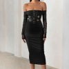 Dresses * | Precious Treasure | Black Bardot Corset Buckle Detail Midi Dress With Mesh Sleeves Club L London Exclusive Design