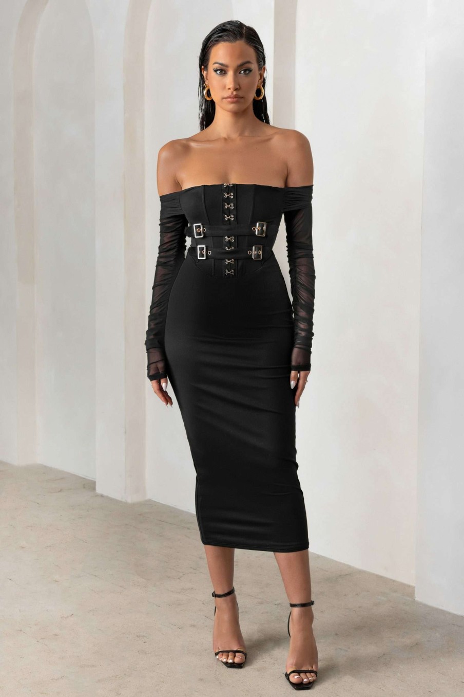 Dresses * | Precious Treasure | Black Bardot Corset Buckle Detail Midi Dress With Mesh Sleeves Club L London Exclusive Design