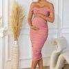 Maternity * | Perfection | Pink Maternity Bardot Knot Ruched Midi Dress Club L London Latest Fashion