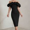 Dresses * | Estie | Black Structured Statement Bardot Midi Dress Club L London Fashion