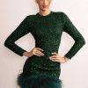 Dresses * | Claudia | Bottle Green Sequin High Neck Feather Hem Mini Dress With Long Sleeves Club L London Promotions