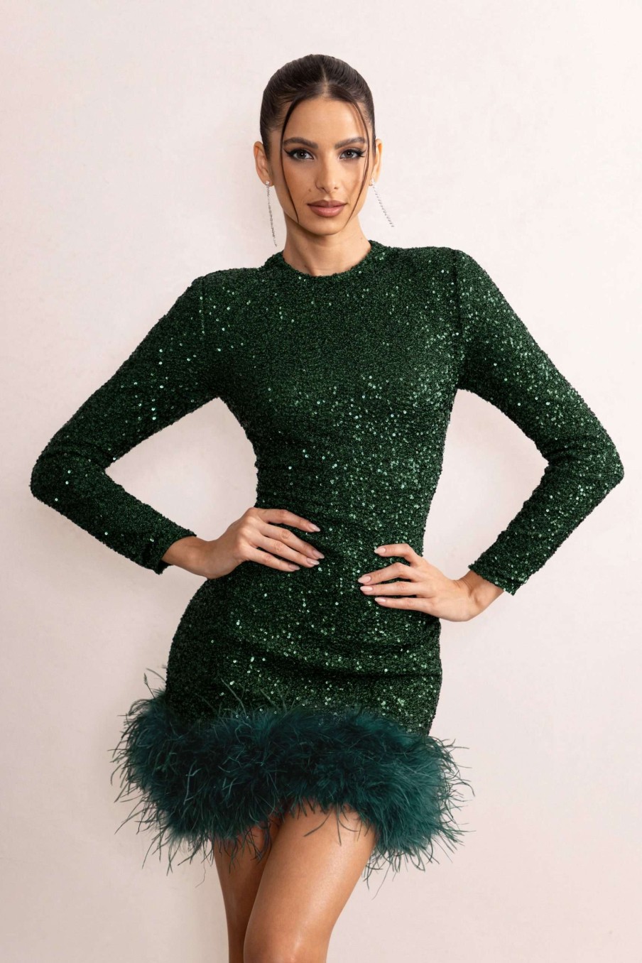 Dresses * | Claudia | Bottle Green Sequin High Neck Feather Hem Mini Dress With Long Sleeves Club L London Promotions