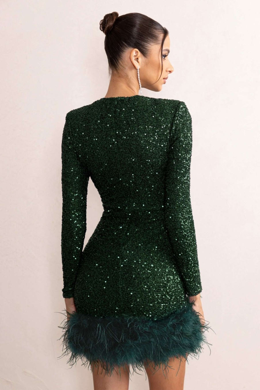 Dresses * | Claudia | Bottle Green Sequin High Neck Feather Hem Mini Dress With Long Sleeves Club L London Promotions