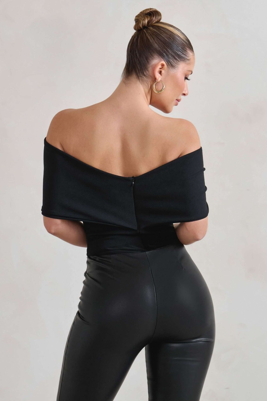 Clothing * | Lillian | Black Bardot Bow Detail Bodysuit Club L London Low Price