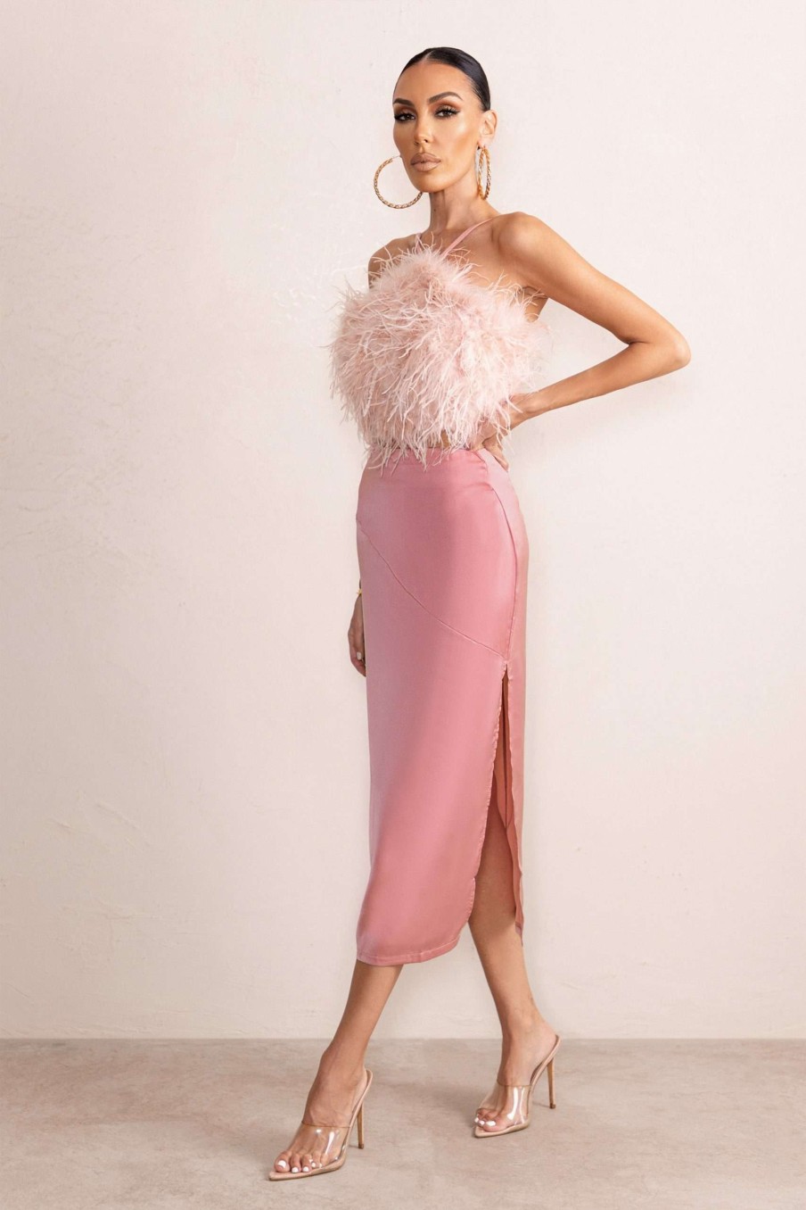 Clothing * | Look At Me | Pink Satin Side Split Midi Skirt Club L London Fire Sale