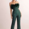 Clothing * | Tessa | Bottle Green Shaped Neckline Corset Jumpsuit With Feather Trim Detail Club L London Special