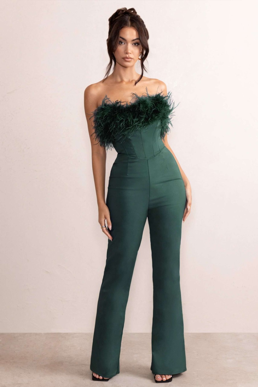 Clothing * | Tessa | Bottle Green Shaped Neckline Corset Jumpsuit With Feather Trim Detail Club L London Special