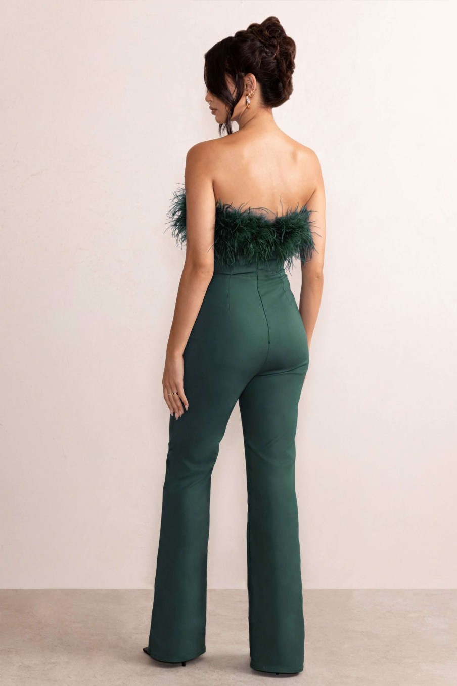 Clothing * | Tessa | Bottle Green Shaped Neckline Corset Jumpsuit With Feather Trim Detail Club L London Special