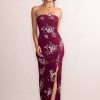 Dresses * | Camila | Burgundy Floral Print Strapless Maxi Dress With Thigh Split Club L London Discount Online