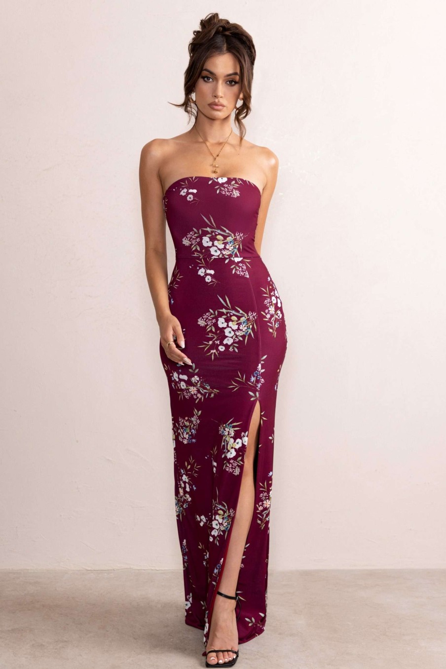 Dresses * | Camila | Burgundy Floral Print Strapless Maxi Dress With Thigh Split Club L London Discount Online