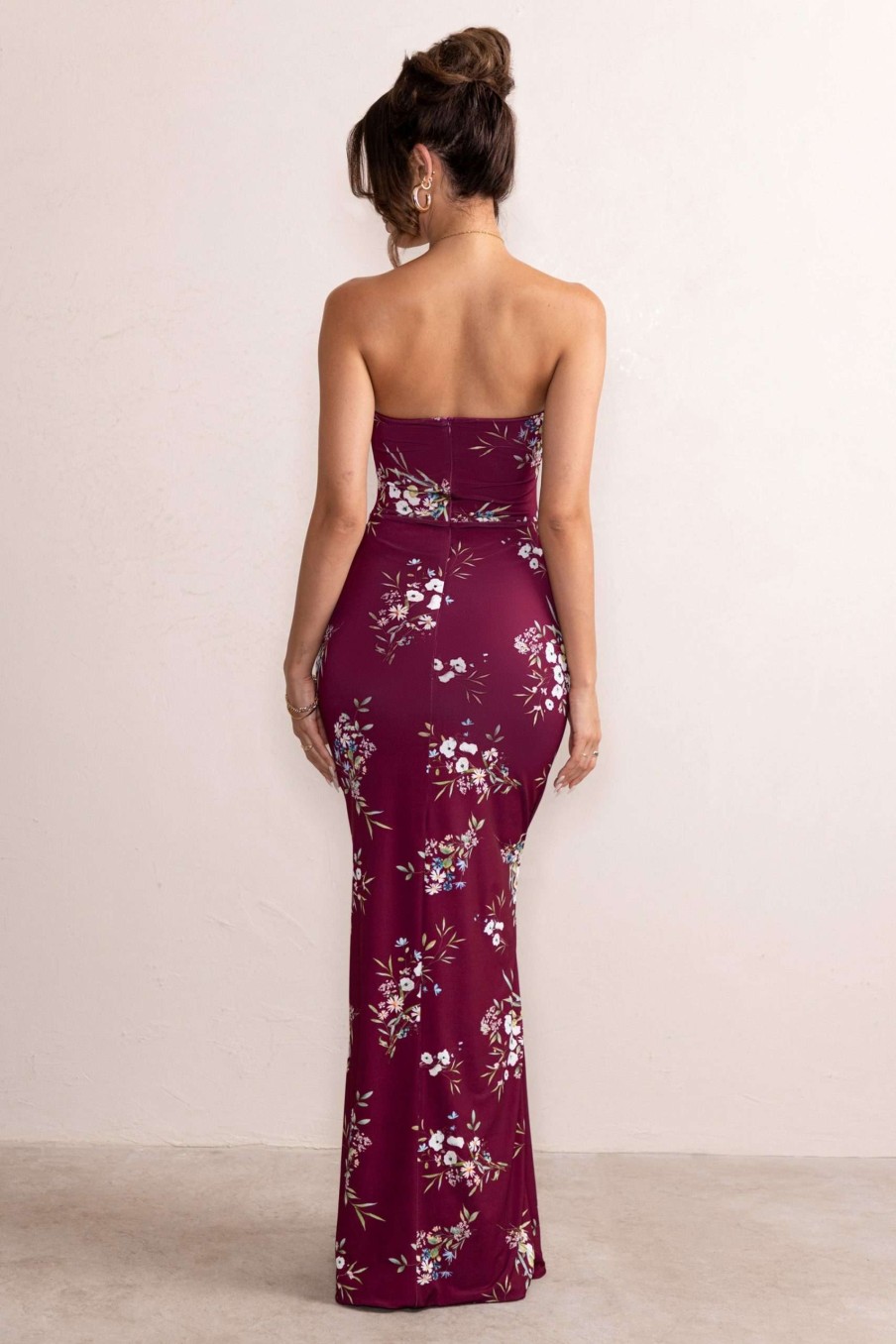 Dresses * | Camila | Burgundy Floral Print Strapless Maxi Dress With Thigh Split Club L London Discount Online