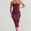 Clothing * | My Girl | Black & Red Floral Print Bandeau Bodycon Ruched Mesh Midi Dress Club L London Latest