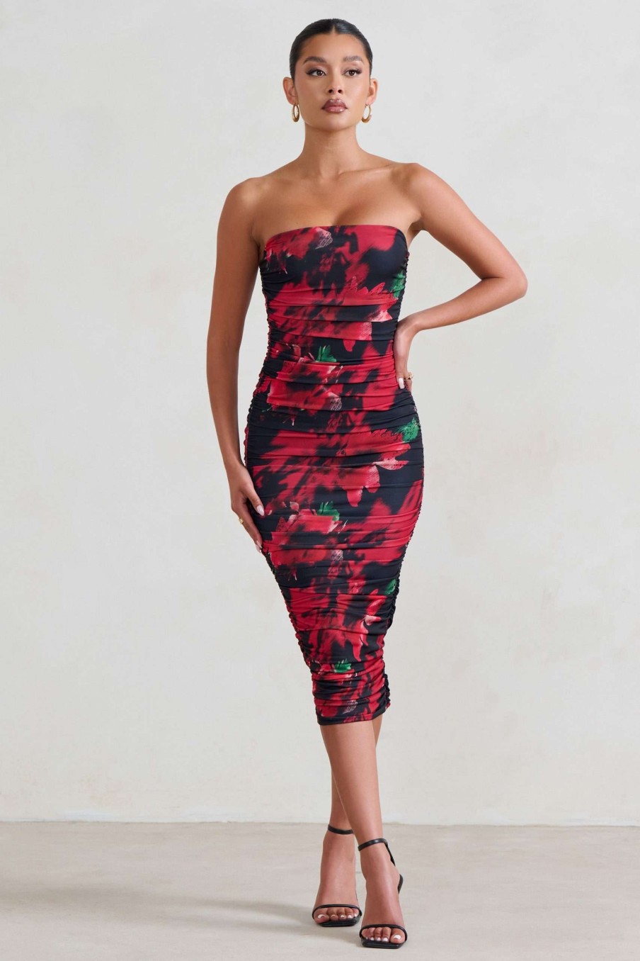 Clothing * | My Girl | Black & Red Floral Print Bandeau Bodycon Ruched Mesh Midi Dress Club L London Latest