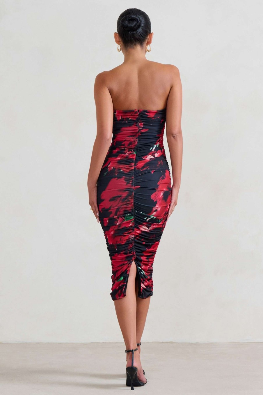 Clothing * | My Girl | Black & Red Floral Print Bandeau Bodycon Ruched Mesh Midi Dress Club L London Latest