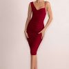 Dresses * | Leona | Burgundy Asymmetric Cowl Neck Midi Dress With Ruching Detail Club L London Excellent Quality