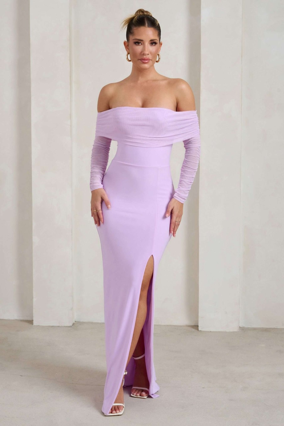 Dresses * | On Your Mind | Lilac Mesh Long Sleeve Maxi Dress Club L London Original