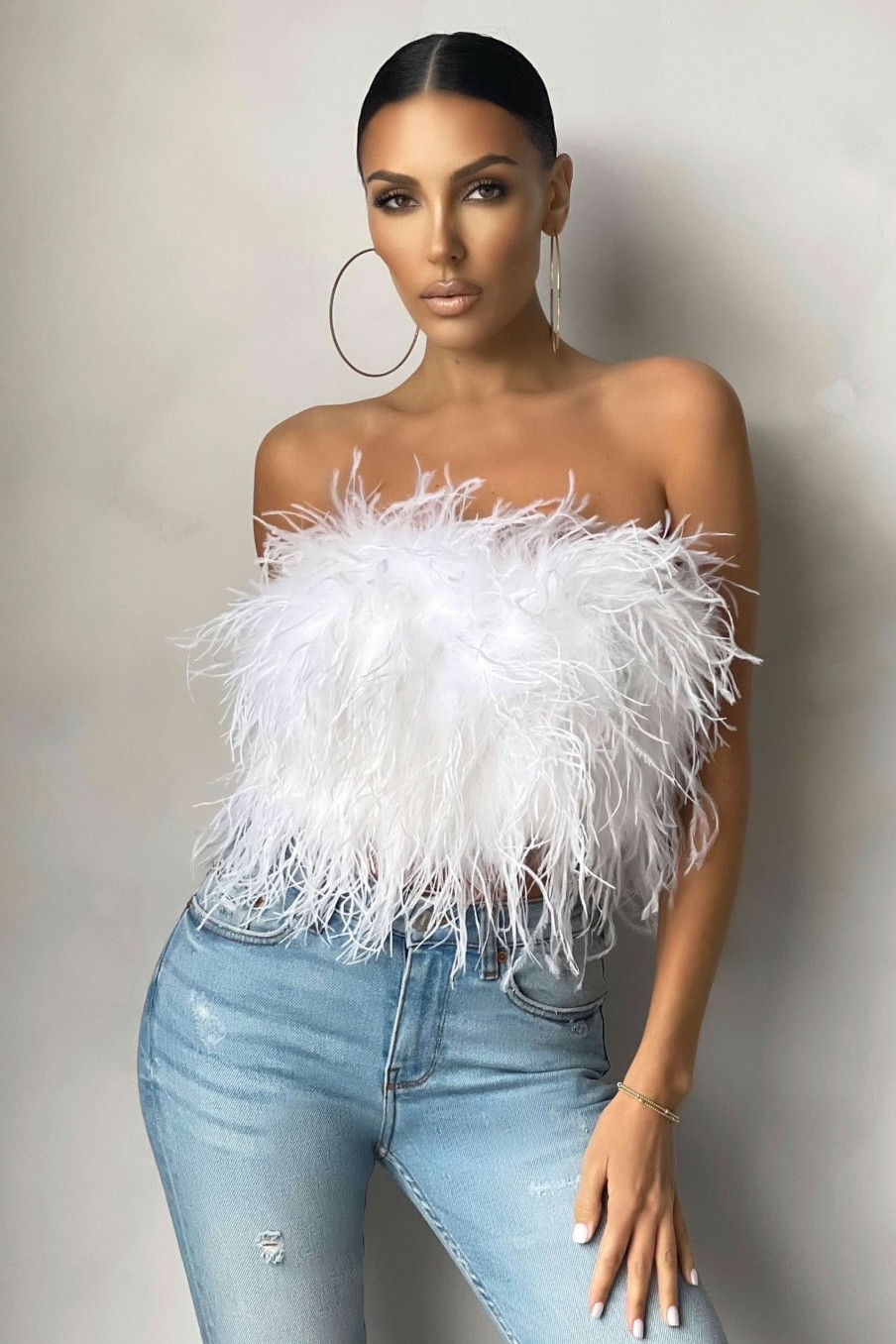 Clothing * | Dream Daze | White Feather Bandeau Crop Top Club L London Tendy Style