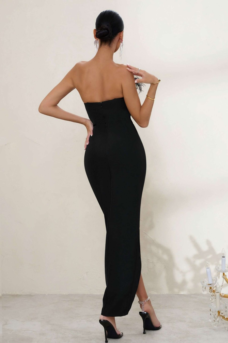 Dresses * | High Class | Black Bandeau Thigh Split Maxi Dress With Feather Trim Club L London Top Sellers