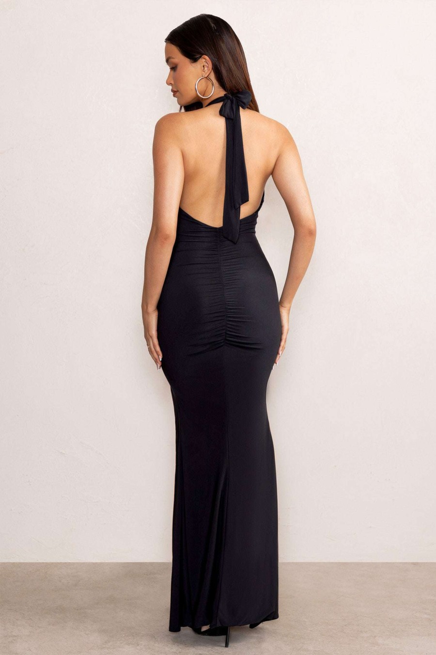 Dresses * | Glamour | Black Backless V Plunge Halter Neck Maxi Dress With Side Split Club L London Original