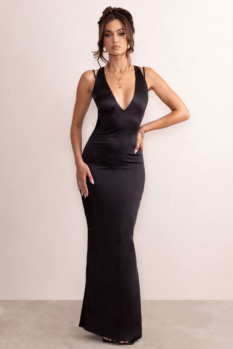 Dresses * | Emery | Black Satin Plunge Neck Strappy Back Maxi Dress Club L London Best-Selling