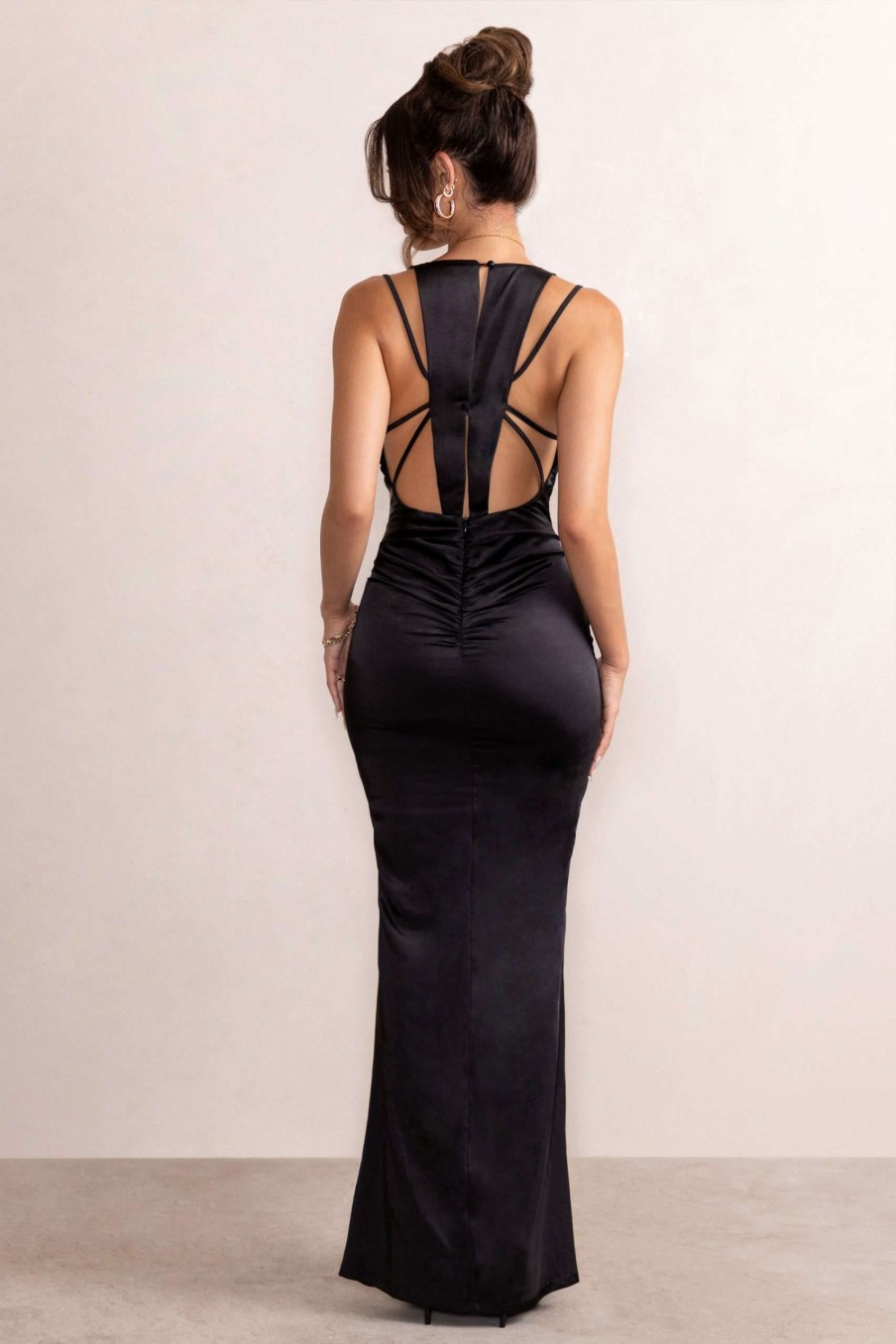 Dresses * | Emery | Black Satin Plunge Neck Strappy Back Maxi Dress Club L London Best-Selling