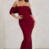 Dresses * | Gabrielle | Berry Red Bardot Neckline With Drape Sleeves Maxi Dress Club L London Gift Selection