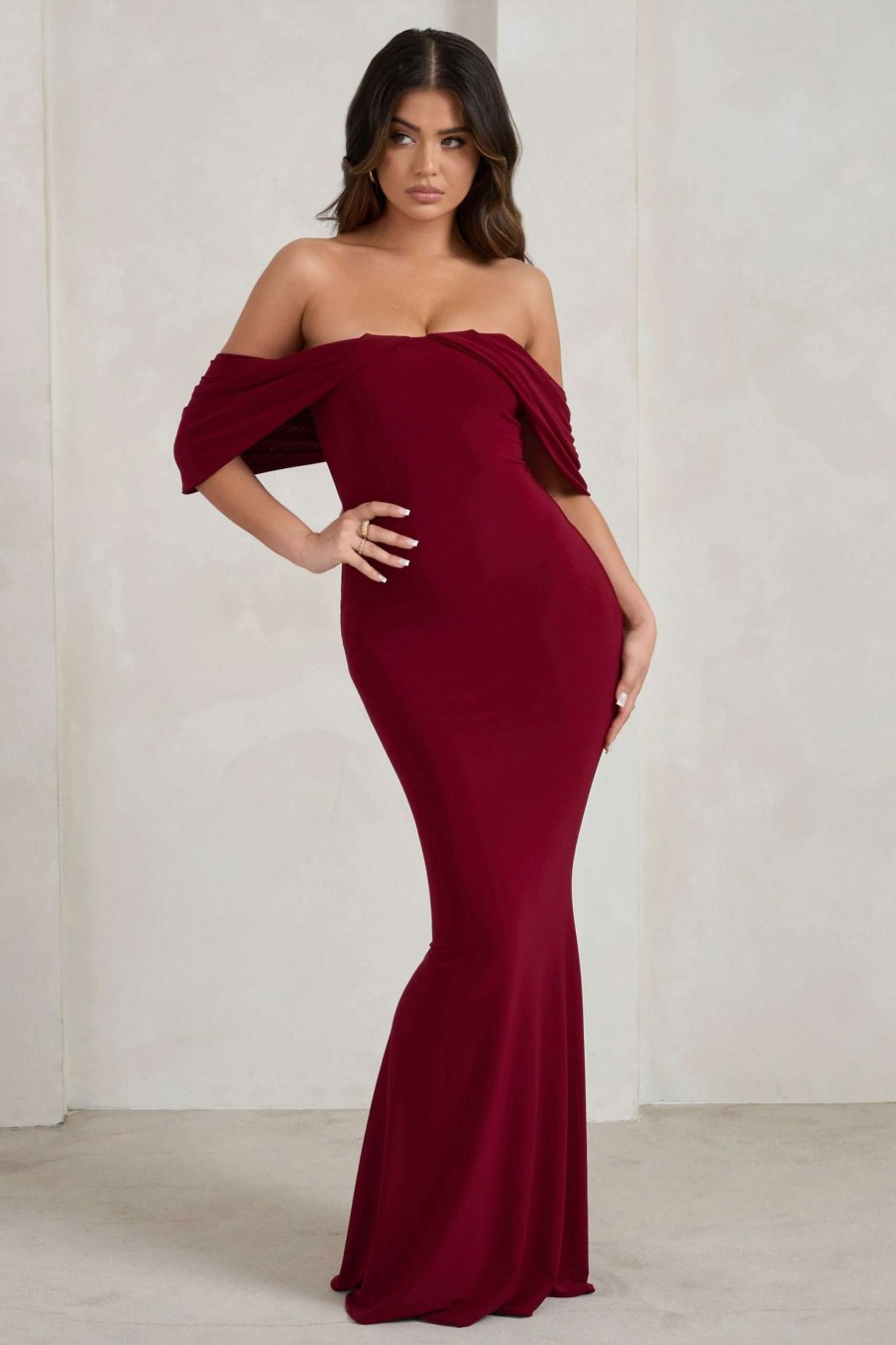 Dresses * | Gabrielle | Berry Red Bardot Neckline With Drape Sleeves Maxi Dress Club L London Gift Selection