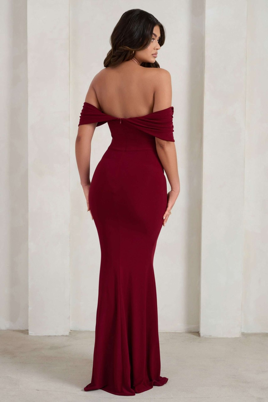 Dresses * | Gabrielle | Berry Red Bardot Neckline With Drape Sleeves Maxi Dress Club L London Gift Selection